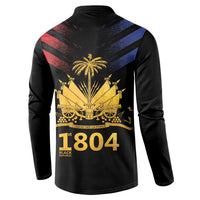 Black button-front sweatshirt back graphic with gold emblem, palm trees and '1804'