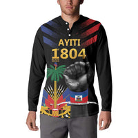 Black button-front sweatshirt with 'AYITI 1804' front graphic, worn by a person
