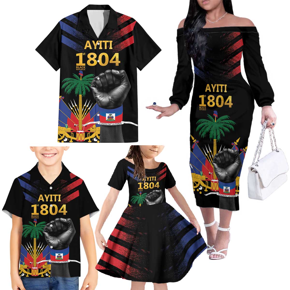 Haiti Independence Day Family Matching Off The Shoulder Long Sleeve Dress and Hawaiian Shirt The First Black Republic Since 1804 - Wonder Print Shop