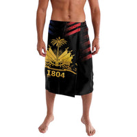 Black lavalava wrap skirt with red stripes and yellow 1804 graphic