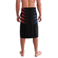 Black lavalava wrap skirt with red and blue stripe bands at hem
