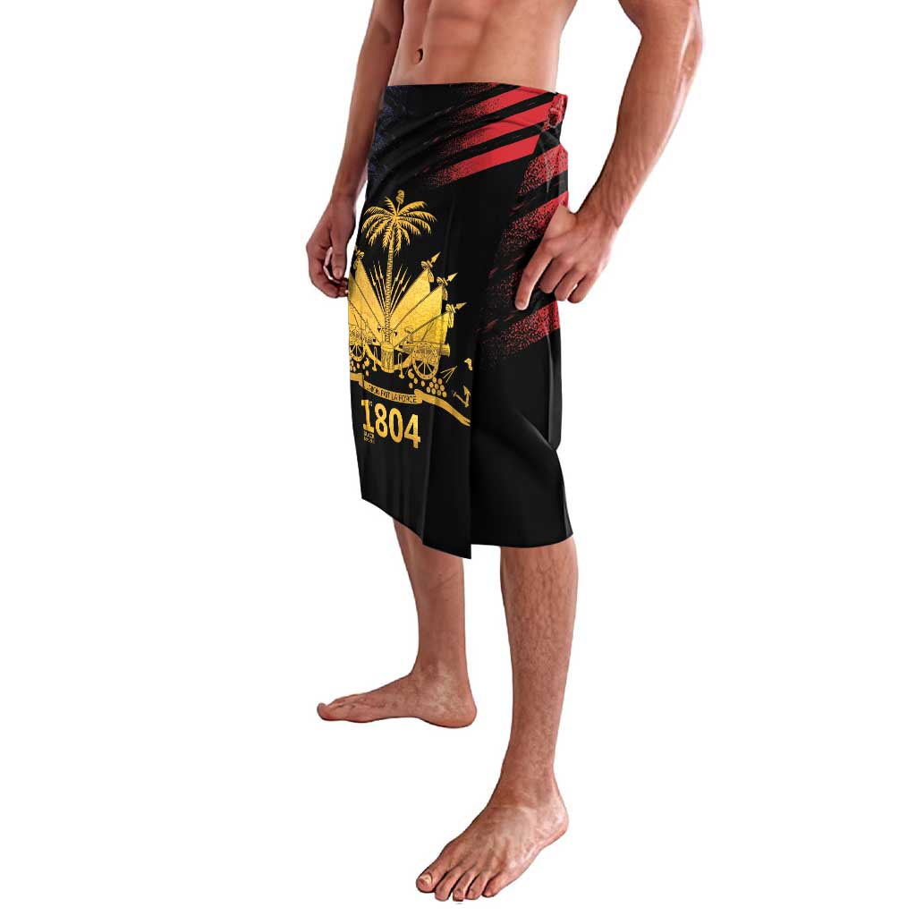 Black lavalava wrap skirt with palm and 1804 emblem in yellow and red