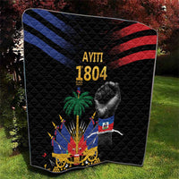 Black quilt blanket with “AYITI 1804” title, clenched fist, palm tree, cannon and Haiti flag