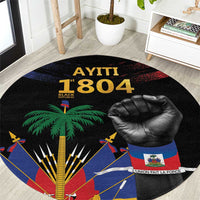 Round black rug with Haiti flag design, large 'AYITI 1804' and raised fist graphic