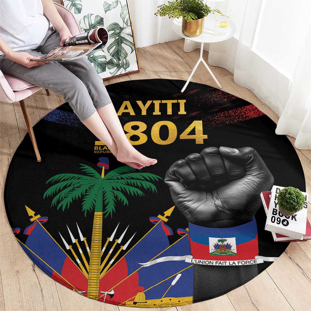 Round black rug with 'AYITI 1804' text, palm tree, raised fist and Haiti flag artwork