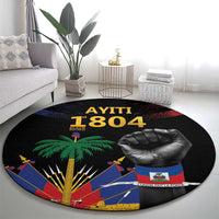 Round black rug with 'AYITI 1804' headline, raised fist, palm tree and Haiti flag graphics