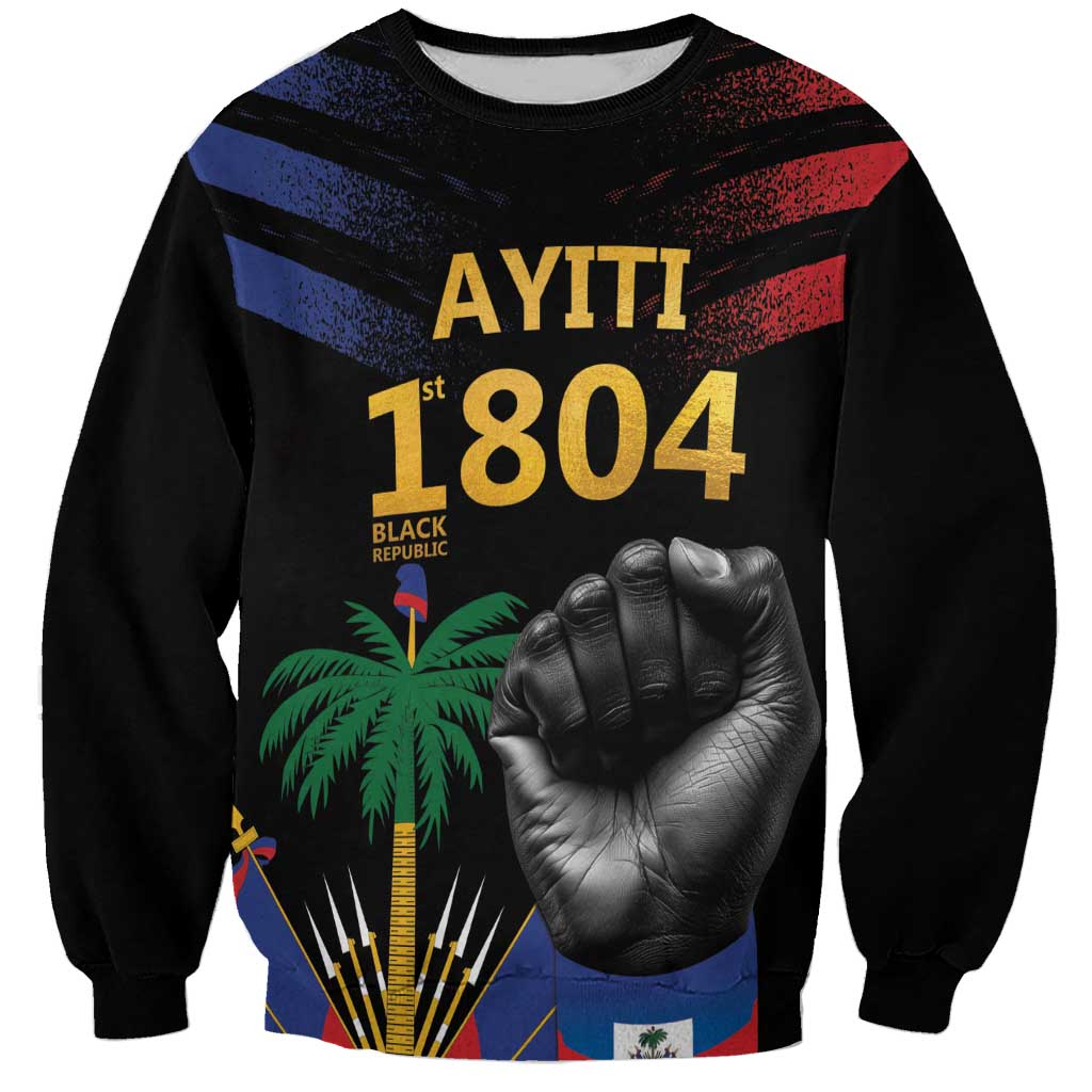 Black crewneck sweatshirt with 'AYITI' and 1804 graphic, fist and palm tree print.