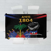 Black tablecloth with Haitian 1804 print, flag, palm trees, and raised fist graphic