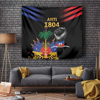Black Haiti independence day tapestry with AYITI 1804 text, palm tree, raised fist, fireworks