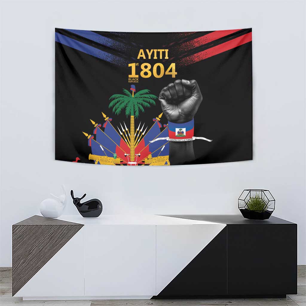 Black Haiti tapestry with AYITI 1804, palm tree, raised fist, colorful fireworks artwork