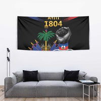Black decorative tapestry with AYITI 1804, palm tree, raised fist, fireworks and flags