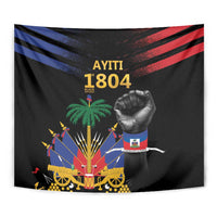 Black Haiti independence day tapestry with AYITI 1804, palm tree, raised fist, fireworks