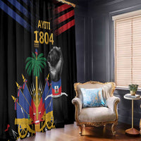 Black curtain panels with 1804 lettering, palm tree graphic, and raised fist