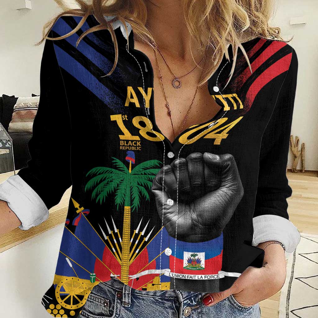 Women’s black button-up casual shirt with colorful flag, palm, and heart graphic