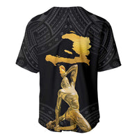 Black baseball jersey back with gold Haiti map and seated woman graphic.