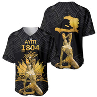 Pair of black baseball jerseys: front 'AYITI 1804' gold art, back Haiti map.