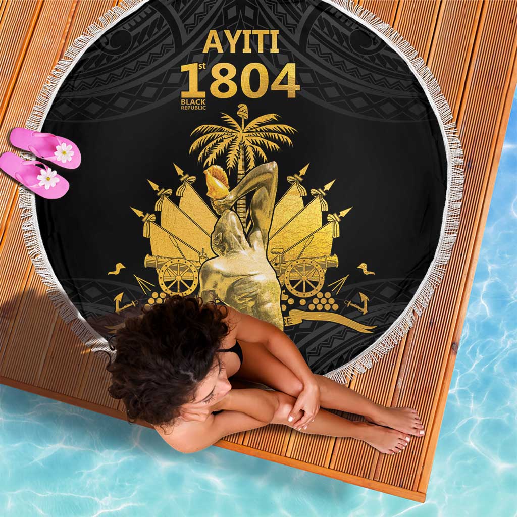 Black round beach blanket with white fringe edge and gold AYTITI 1804 design