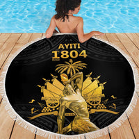 Black round beach blanket with white fringe, gold AYTITI 1804 and palm emblem