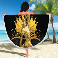Black round beach blanket with white fringe edge, gold AYTITI 1804 central figure art