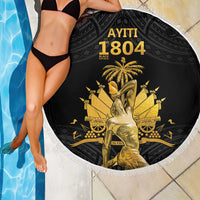 Black round beach blanket with white fringe and gold AYTITI 1804 print