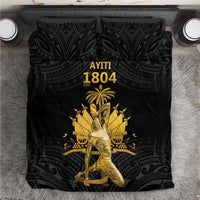 Black duvet and pillows with gold Ayiti 1804 print and Polynesian-style pattern