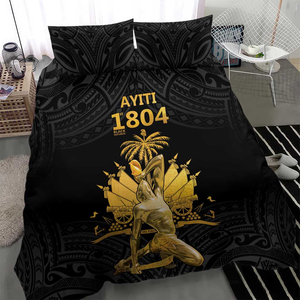 Black duvet and pillowcases with gold Ayiti 1804 print and palm-and-figure centerpiece