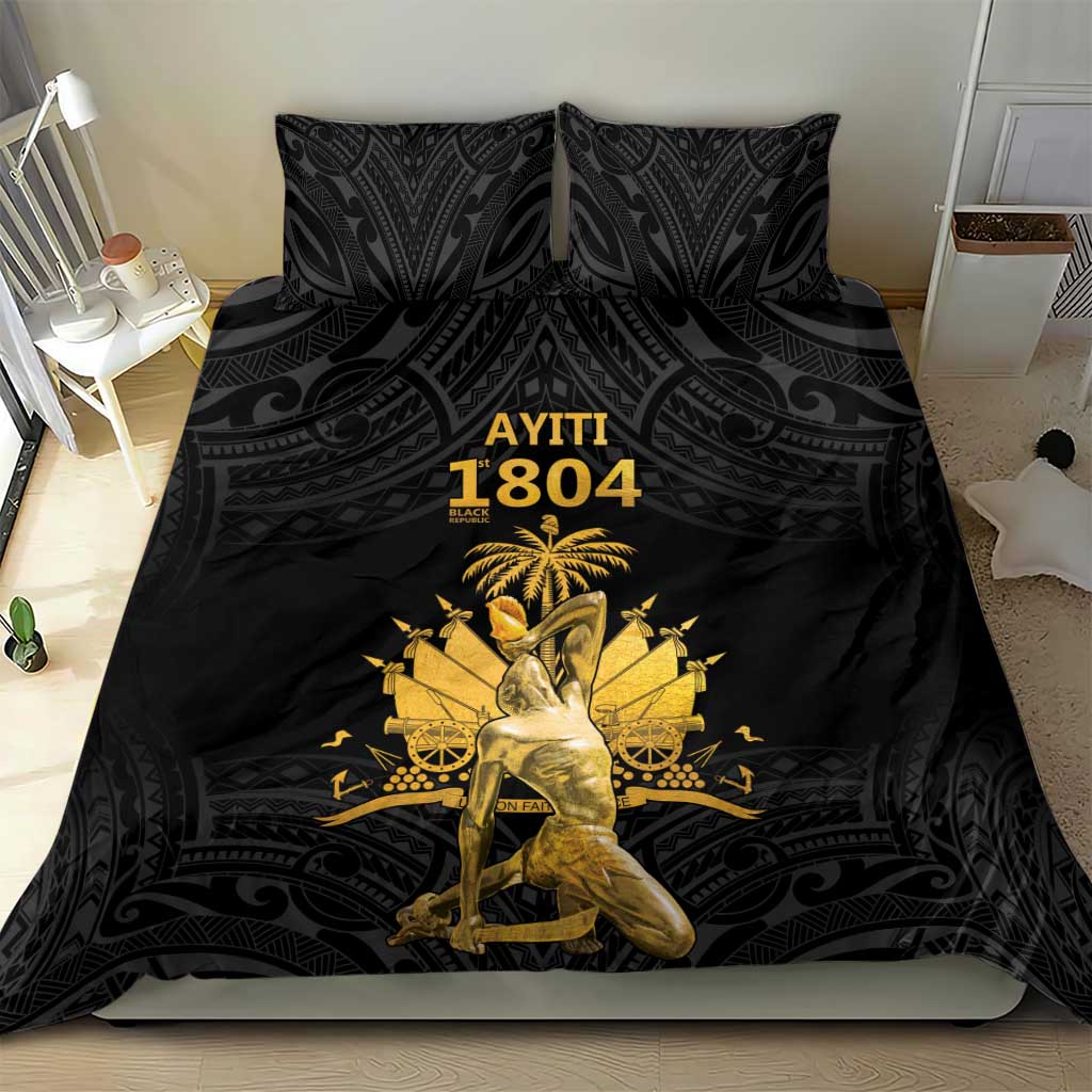 Black duvet and two pillowcases with gold Ayiti 1804 print and ornate tribal pattern