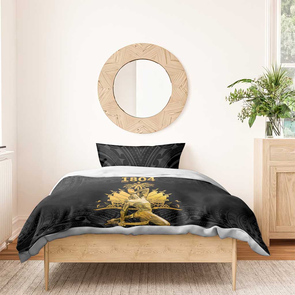 Black duvet on bed with gold Ayiti 1804 emblem and matching pillow