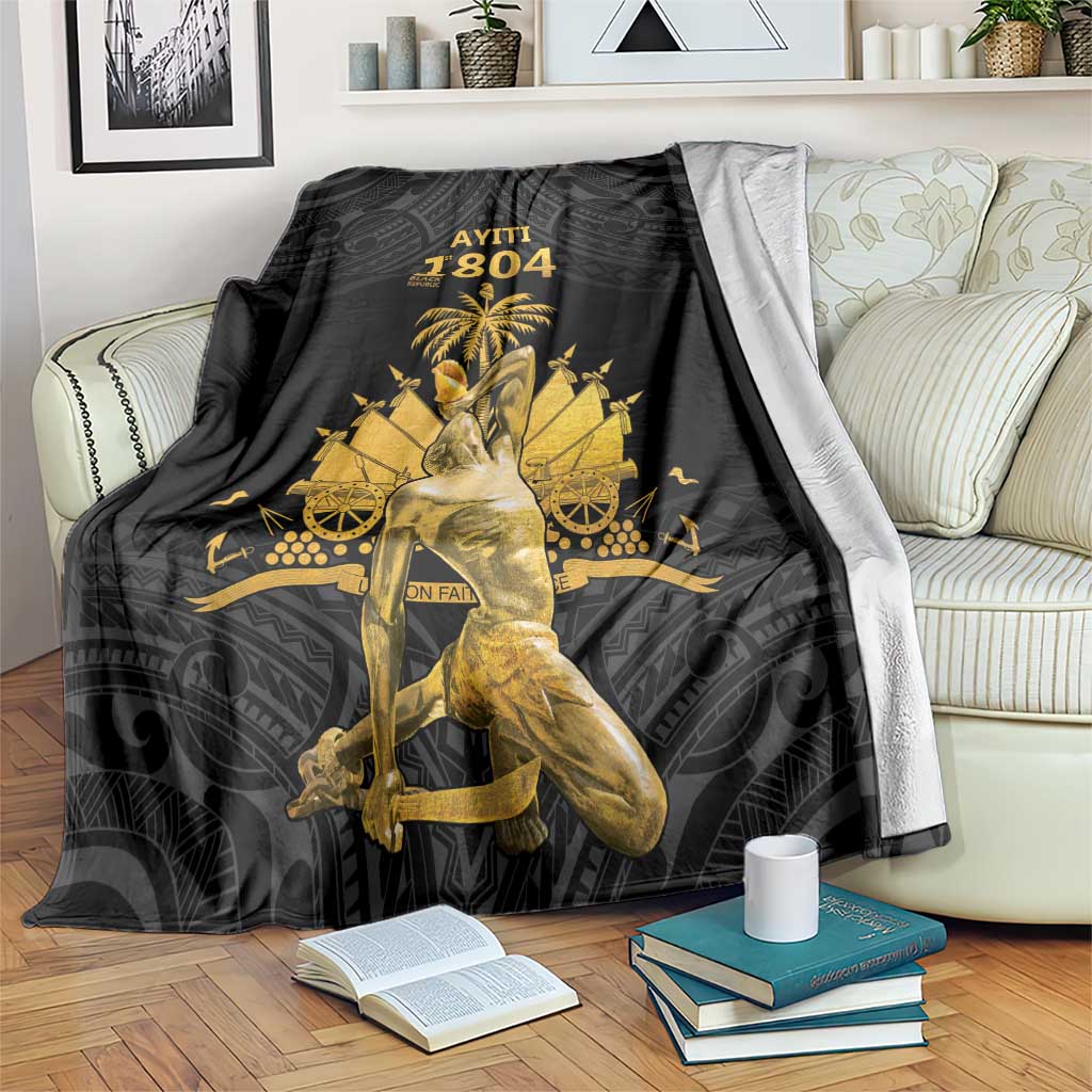 Black Polynesian pattern blanket with gold Ayiti 1804 figure and palm graphic