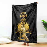 Black Polynesian pattern blanket draped, gold Ayiti 1804 text and kneeling figure