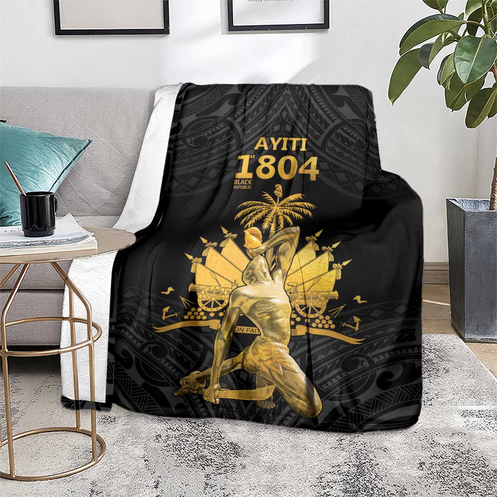 Black Polynesian pattern blanket on armchair, gold Ayiti 1804 statue and palms