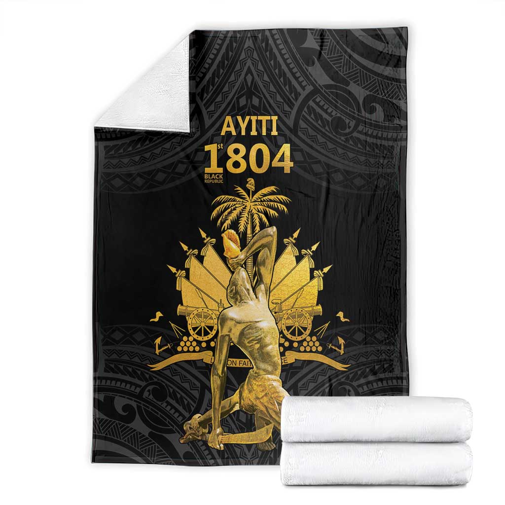 Black Polynesian pattern blanket, gold Ayiti 1804 emblem and kneeling figure