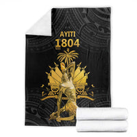 Black Polynesian pattern blanket, gold Ayiti 1804 emblem and kneeling figure