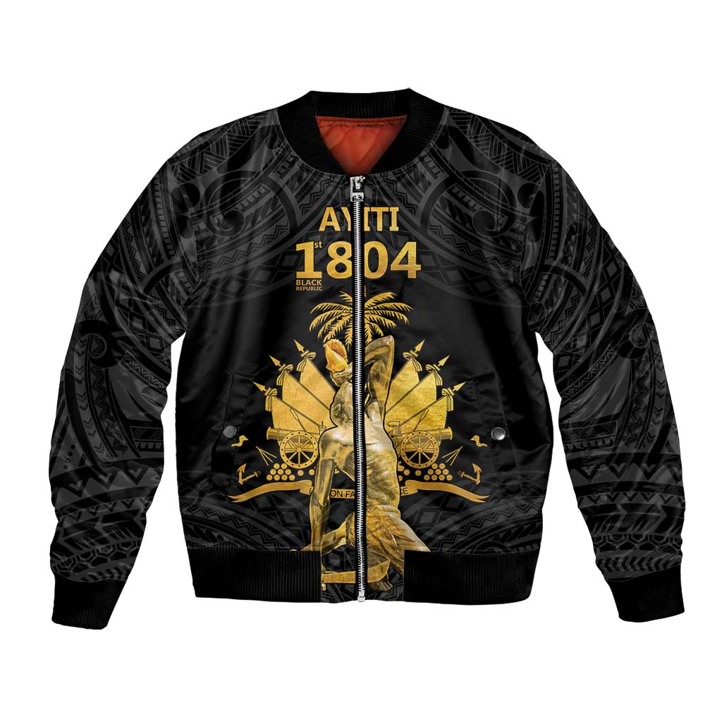 Unisex black bomber jacket with gold 1804 graphic and ribbed collar cuffs