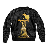 Unisex black bomber jacket, back view, with gold figure and map graphic