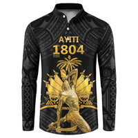 Black button-front sweatshirt with dark Polynesian geometric pattern and gold front graphic