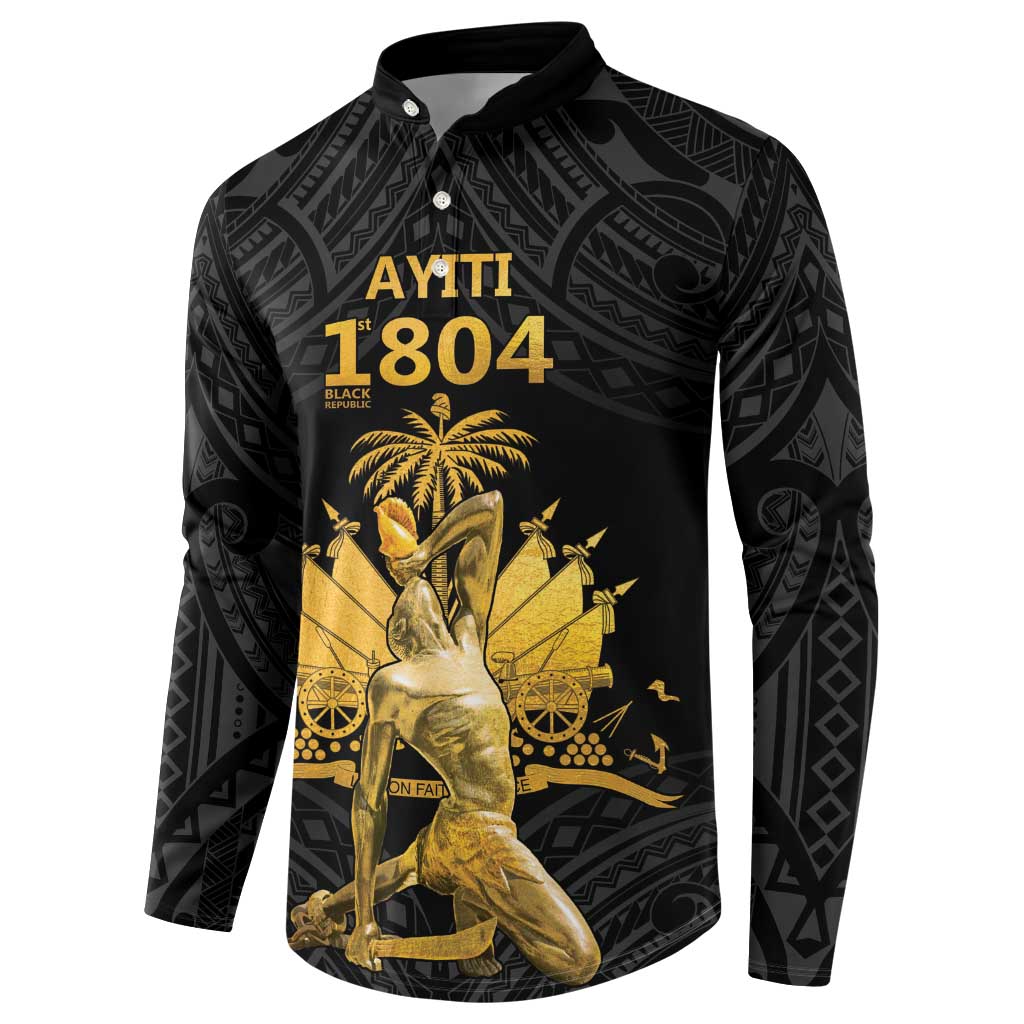 Black button-front sweatshirt with gold front artwork and dark Polynesian geometric sleeve pattern