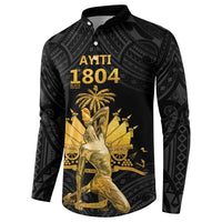 Black button-front sweatshirt with gold front artwork and dark Polynesian geometric sleeve pattern