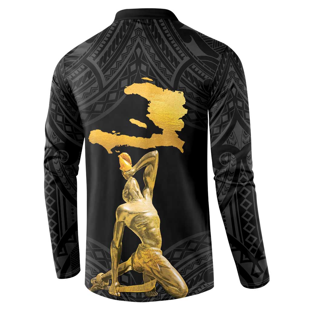 Black button-front sweatshirt with dark Polynesian pattern and gold back map figure graphic