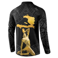 Black button-front sweatshirt with dark Polynesian pattern and gold back map figure graphic