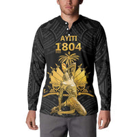 Black button-front sweatshirt with gold 1804 artwork and dark Polynesian geometric pattern