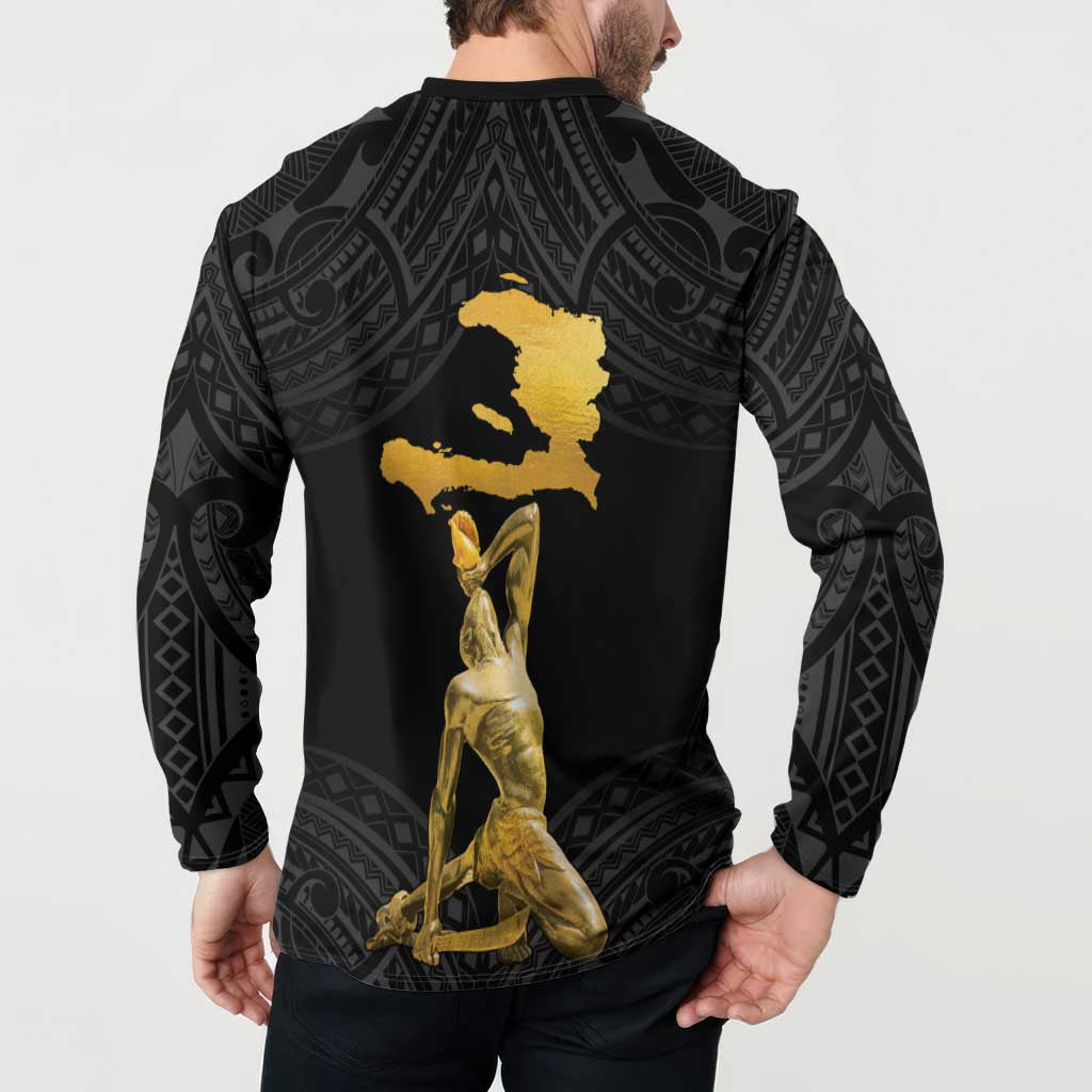 Black button-front sweatshirt with gold back map silhouette and kneeling figure over dark Polynesian pattern