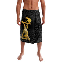 Black Polynesian pattern sarong with gold dancer graphic, knee-length