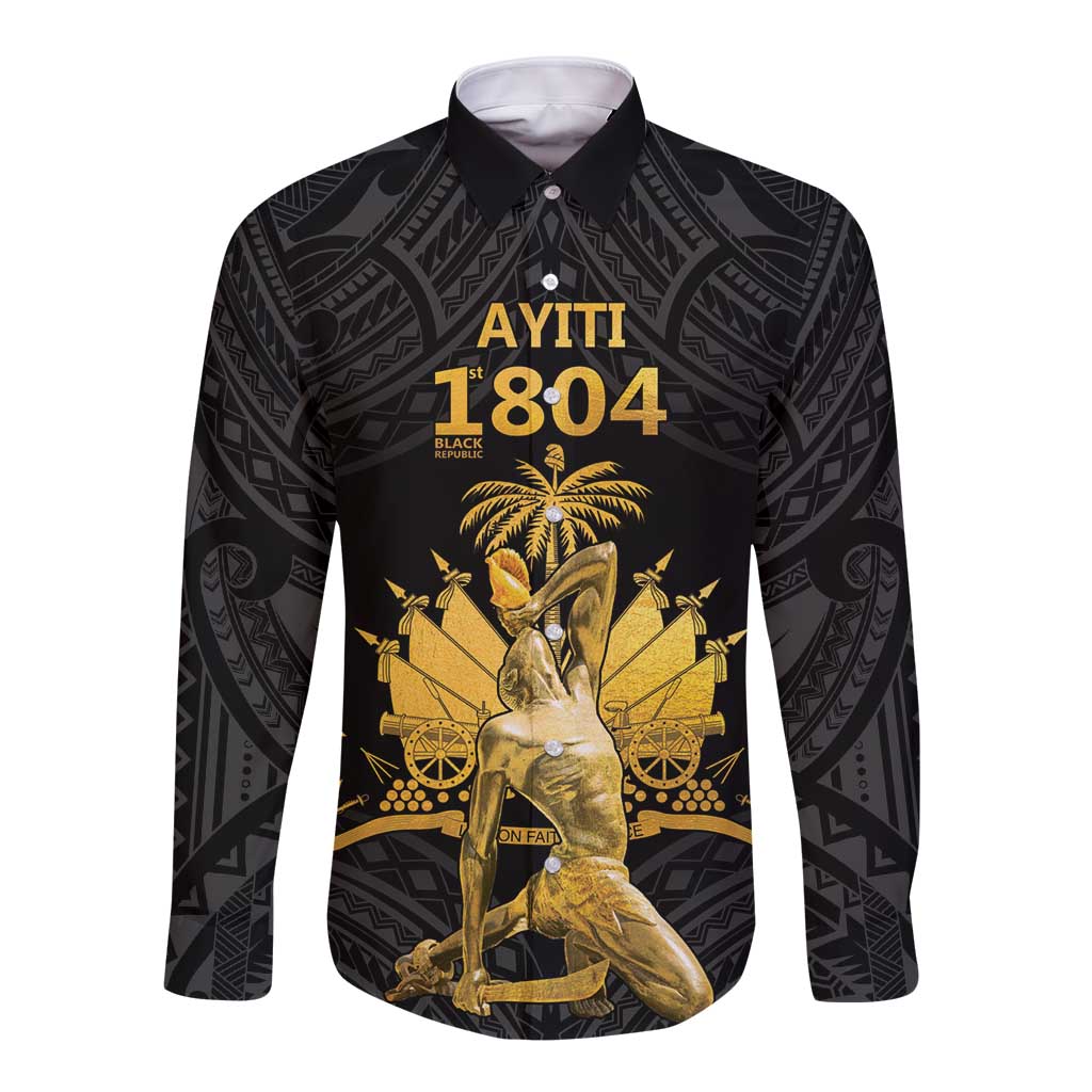Black long-sleeve button shirt with Polynesian-style pattern and gold front graphic