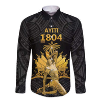 Black long-sleeve button shirt with Polynesian-style pattern and gold front graphic