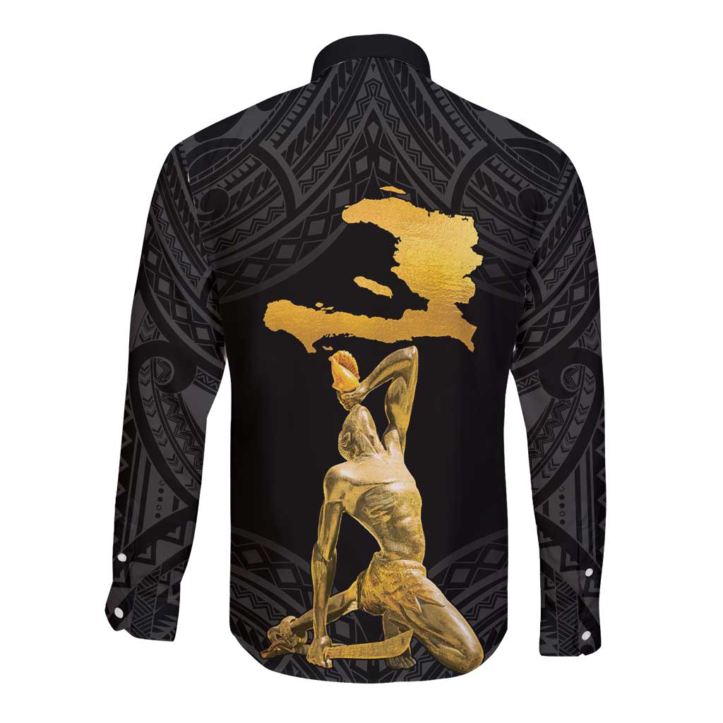 Black long-sleeve button shirt with Polynesian-style pattern and gold back graphic