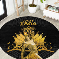 Black round carpet with gold AYITI 1804 Polynesian-style figure and palm pattern