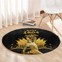 Black round carpet featuring gold AYITI 1804 figure art and Polynesian pattern background
