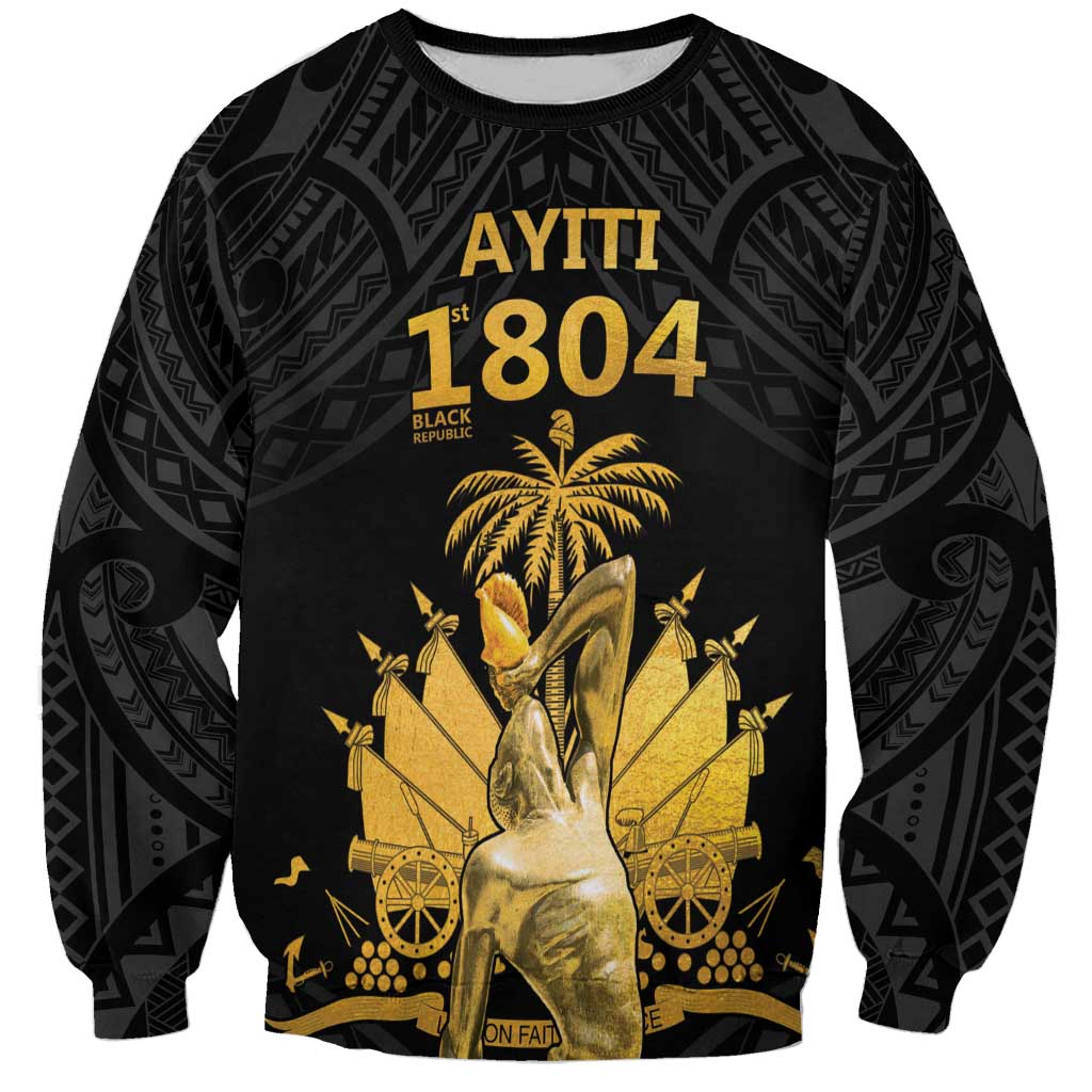 Black unisex sweatshirt with dark pattern sleeves and gold front graphic, round neck.