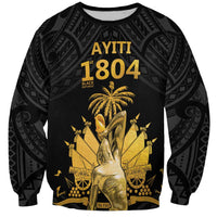 Black unisex sweatshirt with dark pattern sleeves and gold front graphic, round neck.